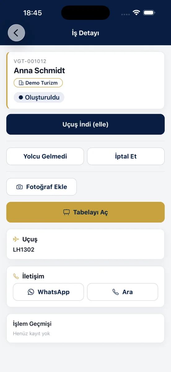 Welcome Team iş detayı ve dijital tabela ekranı
