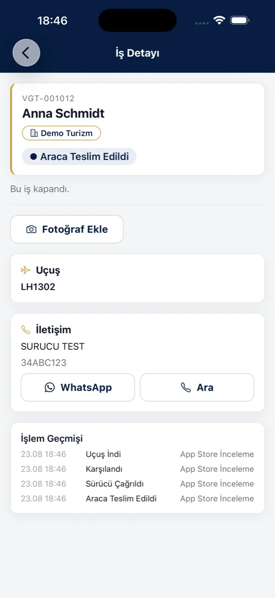 Welcome Team tamamlanmış iş ve işlem geçmişi ekranı